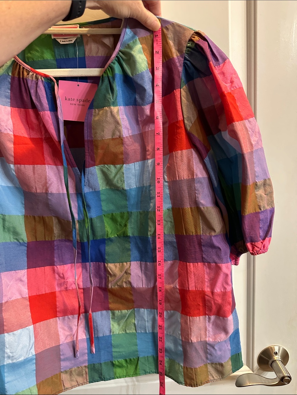 kate spade Multicolor Check Puff-Sleeve Blouse - Picture 2 of 5